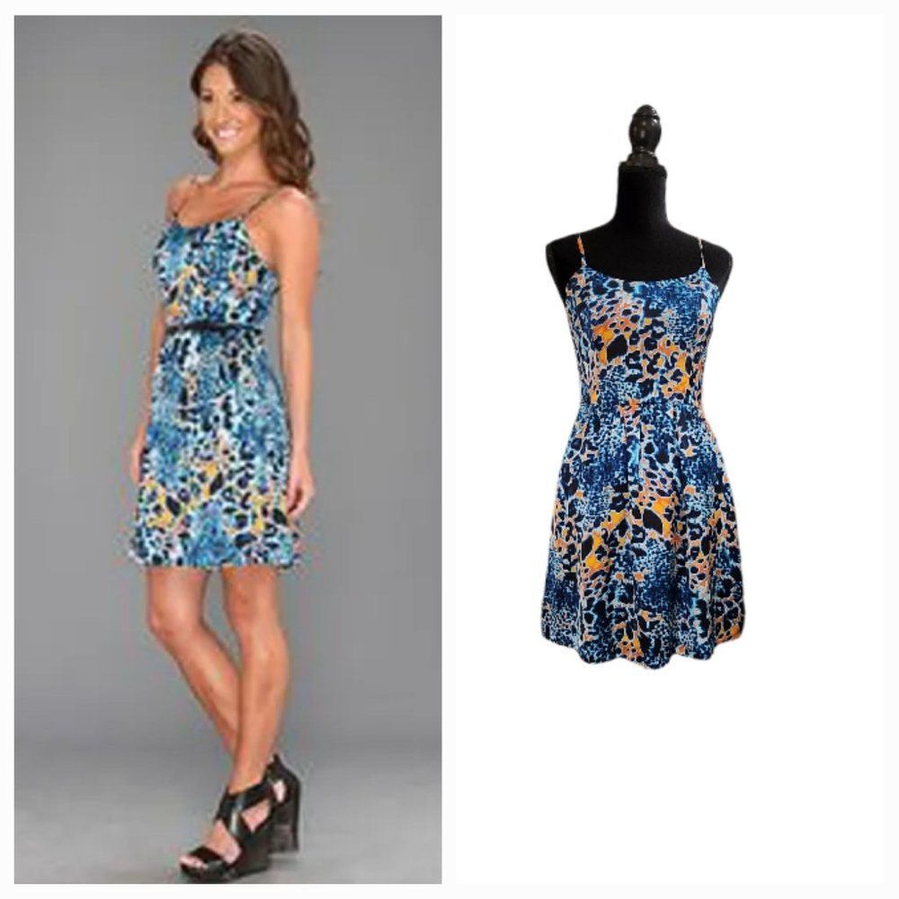 KENZIE Blue/Orange Cheetah Dress Lined Spaghetti Strap Casual S